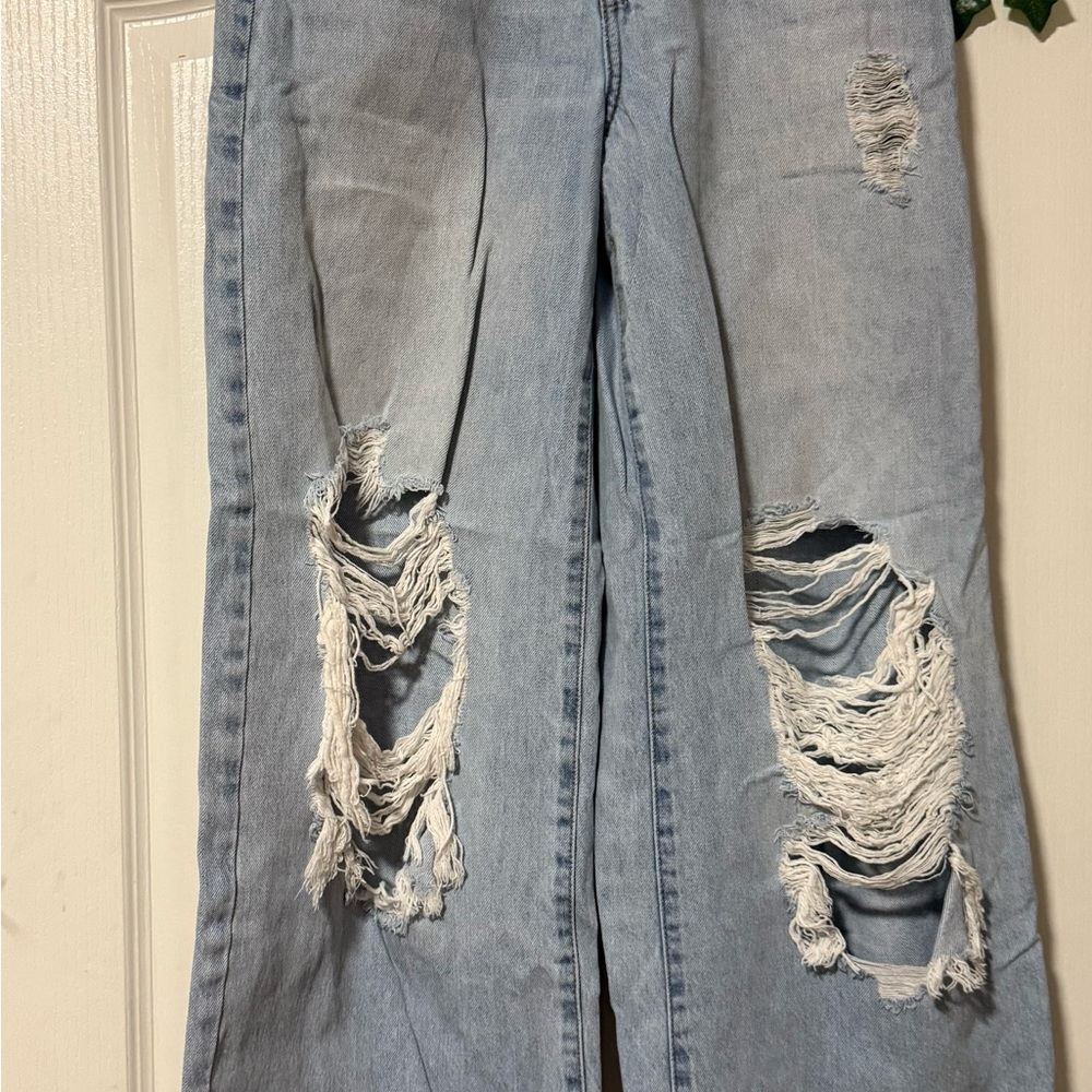Forever 21 Light Blue Distressed Wide Leg Jeans